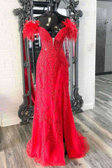 Plunging V-Neck Red Feather Shoulder Long Corset Prom Dress Gala Evening Gown outfits, Bridesmaid Dress Black