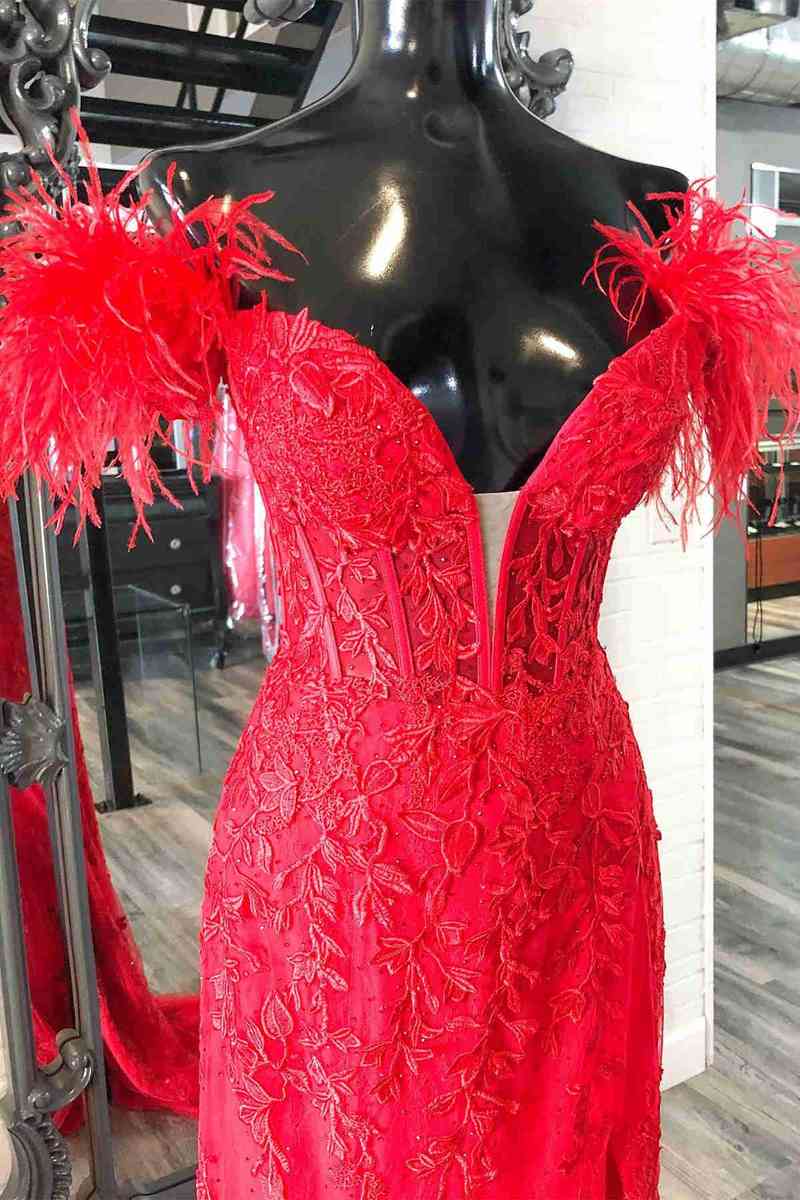 Plunging V-Neck Red Feather Shoulder Long Corset Prom Dress Gala Evening Gown outfits, Bridesmaid Dresses Blushing Pink