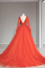 Plunging V-Neck Tulle Floor Length Corset Formal Dress, Orange Long Sleeve Corset Prom Dress outfits, Formal Dresses Near Me
