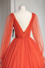 Plunging V-Neck Tulle Floor Length Corset Formal Dress, Orange Long Sleeve Corset Prom Dress outfits, Formal Dress Shop Near Me