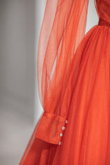 Plunging V-Neck Tulle Floor Length Corset Formal Dress, Orange Long Sleeve Corset Prom Dress outfits, Formal Dress Shops Near Me