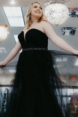 Plus Size Black Tulle Long Corset Prom Dress with Beading outfit, Plus Size Black Tulle Long Prom Dress with Beading