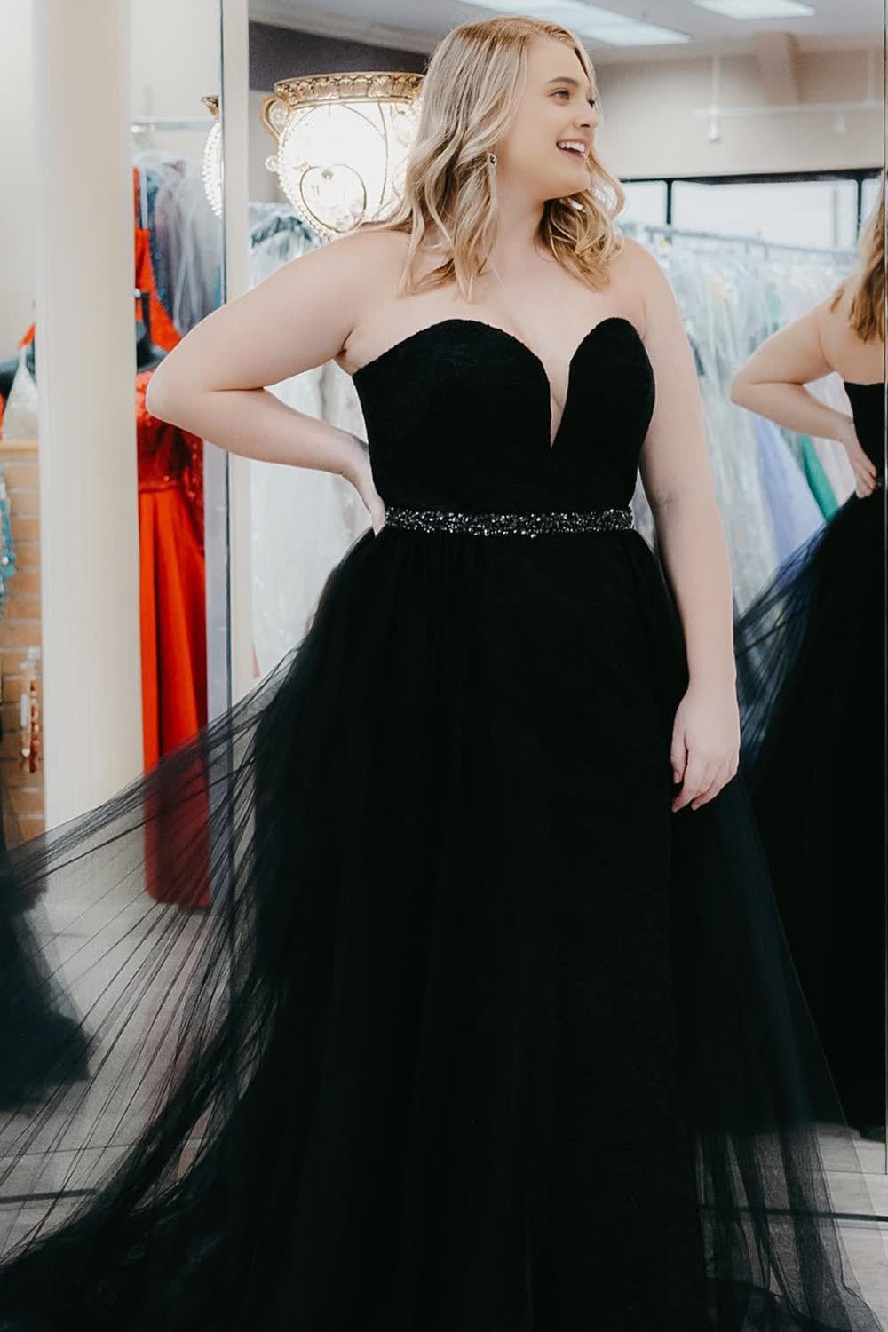 Plus Size Black Tulle Long Corset Prom Dress with Beading outfit, Plus Size Black Tulle Long Prom Dress with Beading