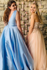 Plus Size Deep V Neck Satin Light Blue Long Corset Prom Dress outfits, Plus Size Deep V Neck Satin Light Blue Long Prom Dress