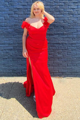 Plus Size Red Off The Shoulder Long Corset Prom Dress with Slit Gowns, Plus Size Red Off The Shoulder Long Prom Dress with Slit