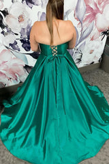 Plus Size Satin Green Long Corset Prom Dress with Pockets Gowns, Plus Size Satin Green Long Prom Dress with Pockets