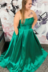 Plus Size Satin Green Long Corset Prom Dress with Pockets Gowns, Plus Size Satin Green Long Prom Dress with Pockets