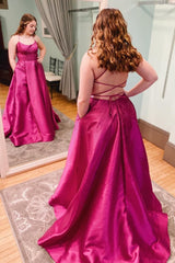 Plus Size Satin Halter Hot Pink Long Corset Prom Dress with Beading outfit, Plus Size Satin Halter Hot Pink Long Prom Dress with Beading