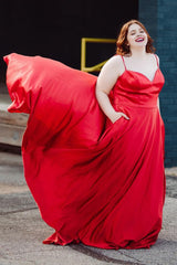Plus Size Satin Spaghetti Straps Red Long Corset Prom Dress with Pockets Gowns, Plus Size Satin Spaghetti Straps Red Long Prom Dress with Pockets