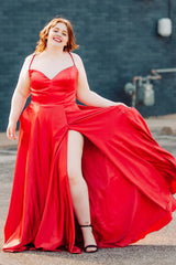 Plus Size Satin Spaghetti Straps Red Long Corset Prom Dress with Pockets Gowns, Plus Size Satin Spaghetti Straps Red Long Prom Dress with Pockets