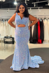 Plus Size Sparkly Mermaid Light Blue Sequins Long Corset Prom Dress outfits, Plus Size Sparkly Mermaid Light Blue Sequins Long Prom Dress