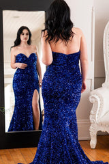 Plus Size Sparkly Mermaid Royal Blue Sequins Long Corset Prom Dress with Slit Gowns, Plus Size Sparkly Mermaid Royal Blue Sequins Long Prom Dress with Slit