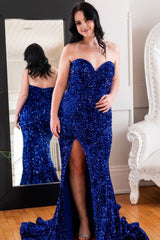 Plus Size Sparkly Mermaid Royal Blue Sequins Long Corset Prom Dress with Slit Gowns, Plus Size Sparkly Mermaid Royal Blue Sequins Long Prom Dress with Slit