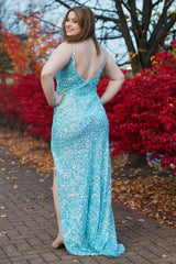 Plus Size Sparkly Sky Blue Sequins Long Corset Prom Dress with Slit Gowns, Plus Size Sparkly Sky Blue Sequins Long Prom Dress with Slit