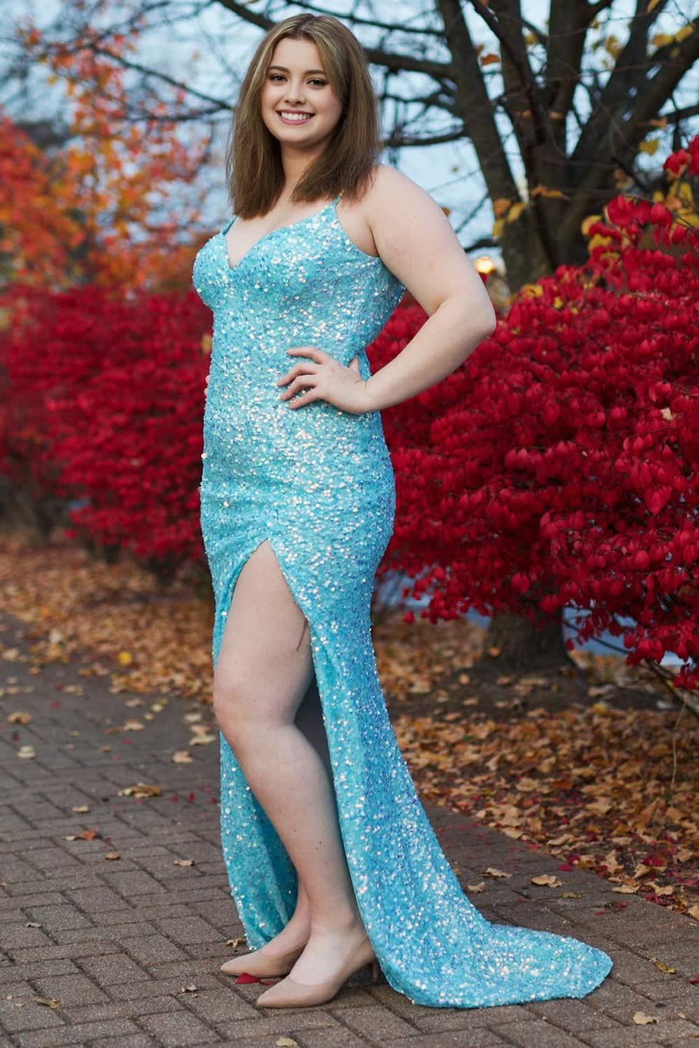 Plus Size Sparkly Sky Blue Sequins Long Corset Prom Dress with Slit Gowns, Plus Size Sparkly Sky Blue Sequins Long Prom Dress with Slit