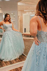 Plus Size Tulle Light Blue Spaghetti Straps Long Corset Prom Dress with Appliques Gowns, Plus Size Tulle Light Blue Spaghetti Straps Long Prom Dress with Appliques