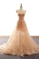 Pretty Champagne Straps Custom Tulle Party Dress, Lace Applique Corset Formal Dress outfit, Wedding Color Palette