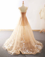 Pretty Champagne Straps Custom Tulle Party Dress, Lace Applique Corset Formal Dress outfit, Bridesmaid Dresses Velvet