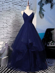 Pretty Navy Blue Tulle Layers Straps Long Party Dress, Blue Corset Prom Dress outfits, Night Club Outfit