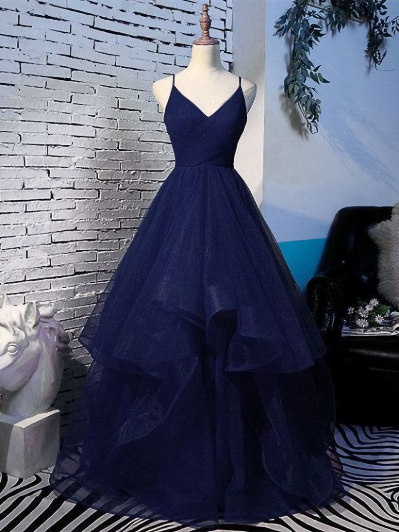 Pretty Navy Blue Tulle Layers Straps Long Party Dress, Blue Corset Prom Dress outfits, Chic Dress Classy