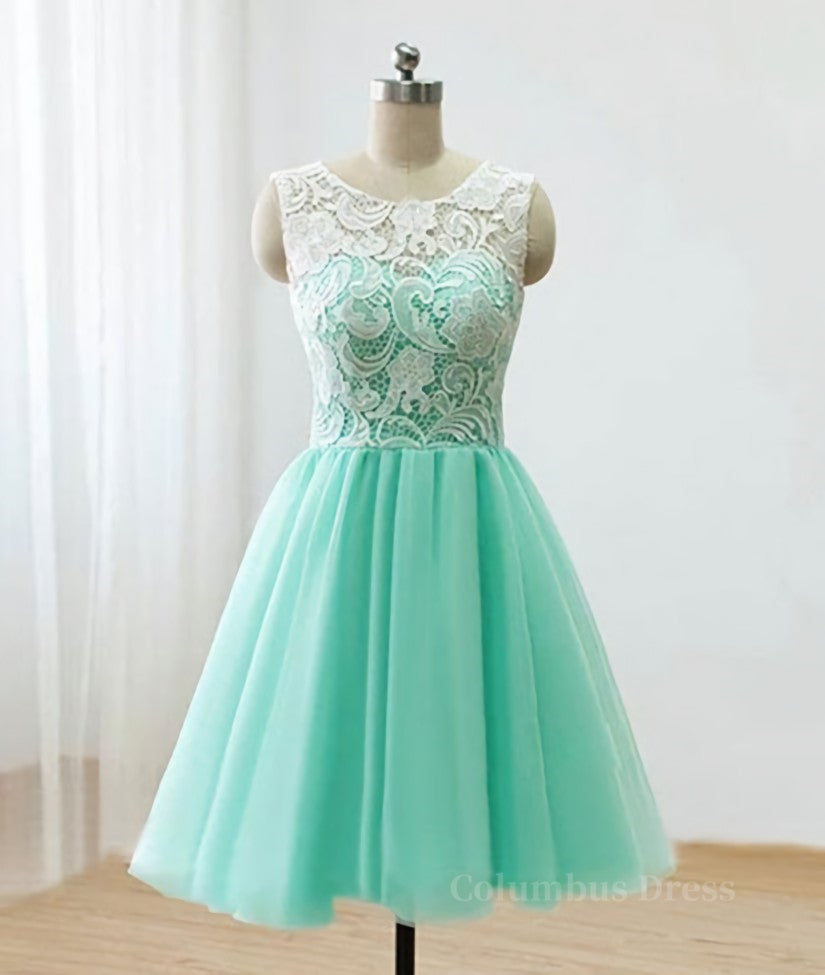 Pretty Round-Neck Lace Tulle Short Green Corset Prom Dresses, Lace Corset Homecoming Dresses outfit, Bridesmaid Dresses Formal