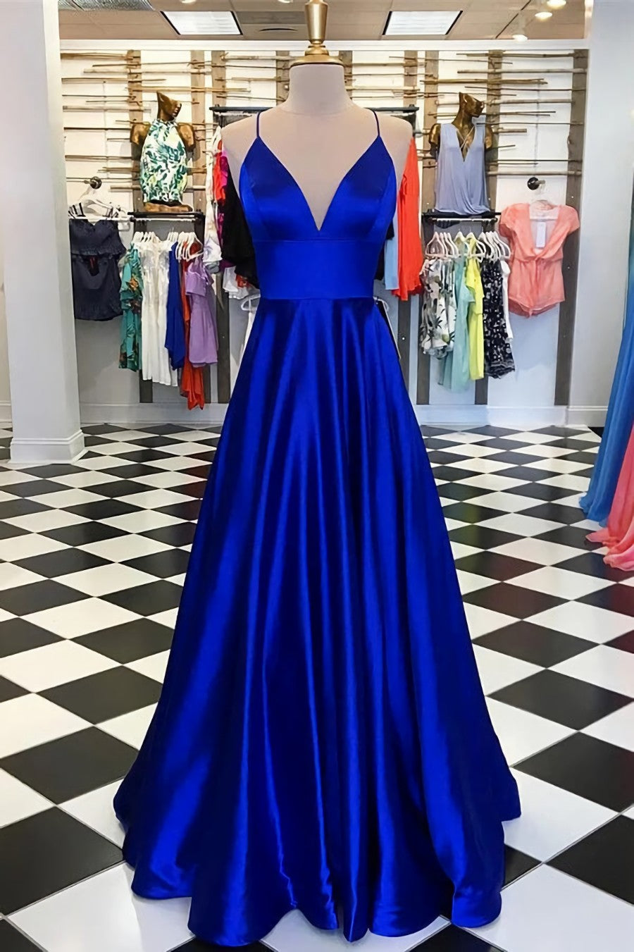 Pretty Royal Blue A-line Spaghetti Straps Corset Prom Dresses, Evening Dresses outfit, Prom Dresses Shorts