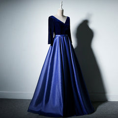Pretty Royal Blue Long Sleeves Satin with Velvet Party Dress, A-line Long Corset Prom Dress outfits, Party Dress Sales