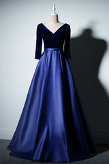 Pretty Royal Blue Long Sleeves Satin with Velvet Party Dress, A-line Long Corset Prom Dress outfits, Party Dresses Sale