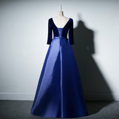 Pretty Royal Blue Long Sleeves Satin with Velvet Party Dress, A-line Long Corset Prom Dress outfits, Party Dress Dresses