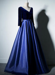 Pretty Royal Blue Long Sleeves Satin with Velvet Party Dress, A-line Long Corset Prom Dress outfits, Party Dress Sale