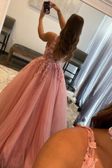 Princess A Line Deep V Neck Blush Long Corset Prom Dress with Appliques Gowns, Princess A Line Deep V Neck Blush Long Prom Dress with Appliques