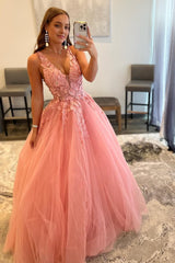 Princess A Line Deep V Neck Blush Long Corset Prom Dress with Appliques Gowns, Princess A Line Deep V Neck Blush Long Prom Dress with Appliques