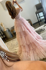 Princess A Line Off the Shoulder Light Pink Long Corset Prom Dress with Ruffles Gowns, Princess A Line Off the Shoulder Light Pink Long Prom Dress with Ruffles