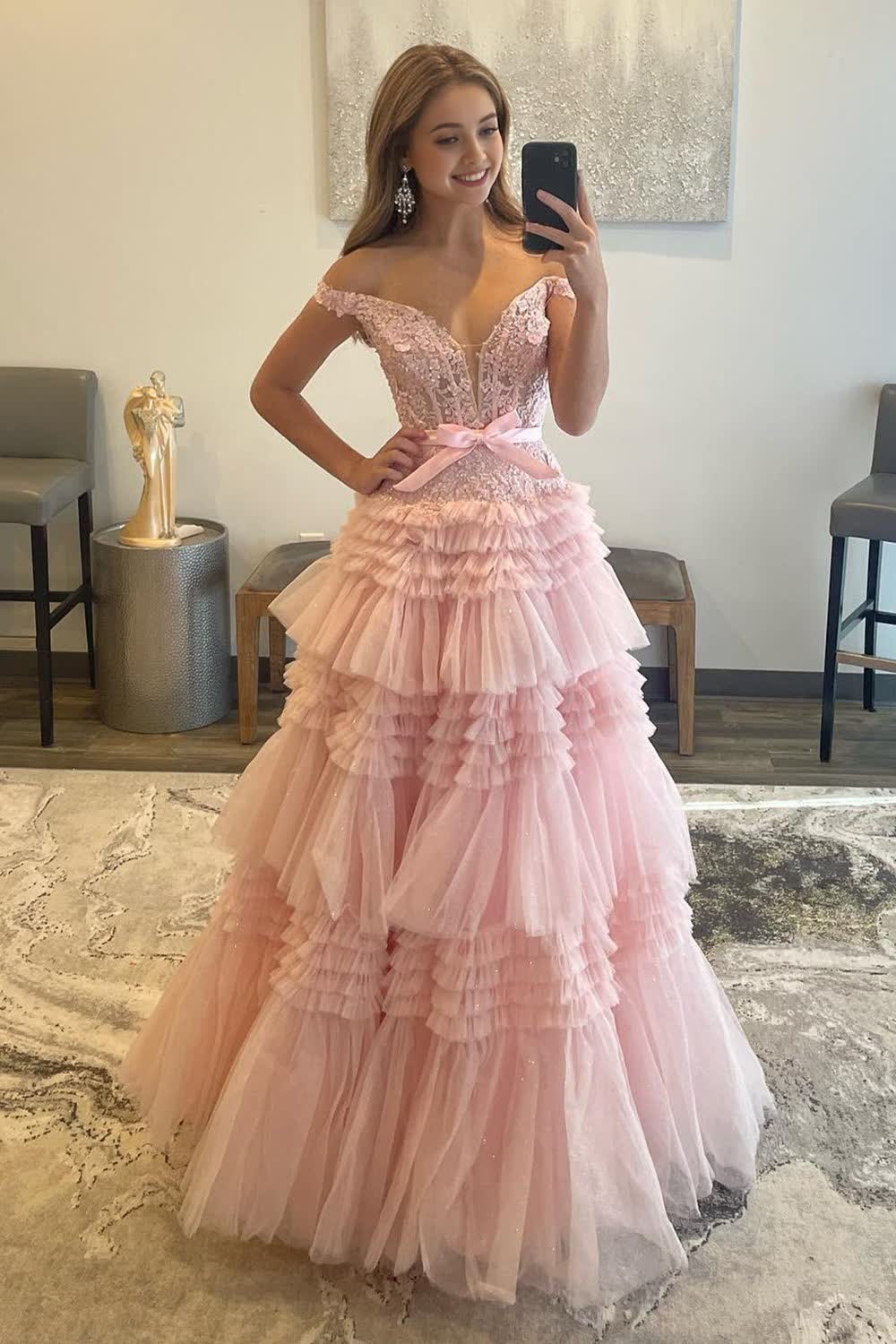 Princess A Line Off the Shoulder Light Pink Long Corset Prom Dress with Ruffles Gowns, Princess A Line Off the Shoulder Light Pink Long Prom Dress with Ruffles