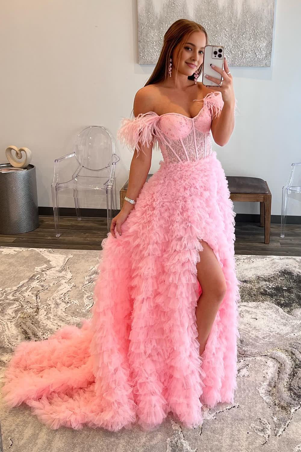 Princess A Line Off the Shoulder Pink Long Corset Prom Dress with Feather outfit, Princess A Line Off the Shoulder Pink Long Prom Dress with Feather