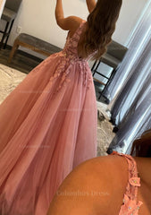 Princess A-line V Neck Sleeveless Sweep Train Tulle Corset Prom Dress With Appliqued Beading outfit, Prom Dress Long Sleeve Ball Gown