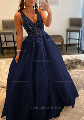Princess A-line V Neck Sleeveless Sweep Train Tulle Corset Prom Dress With Appliqued Beading outfit, Prom Dresses For 11 Year Olds