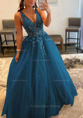 Princess A-line V Neck Sleeveless Sweep Train Tulle Corset Prom Dress With Appliqued Beading outfit, Prom Dresses Sage Green