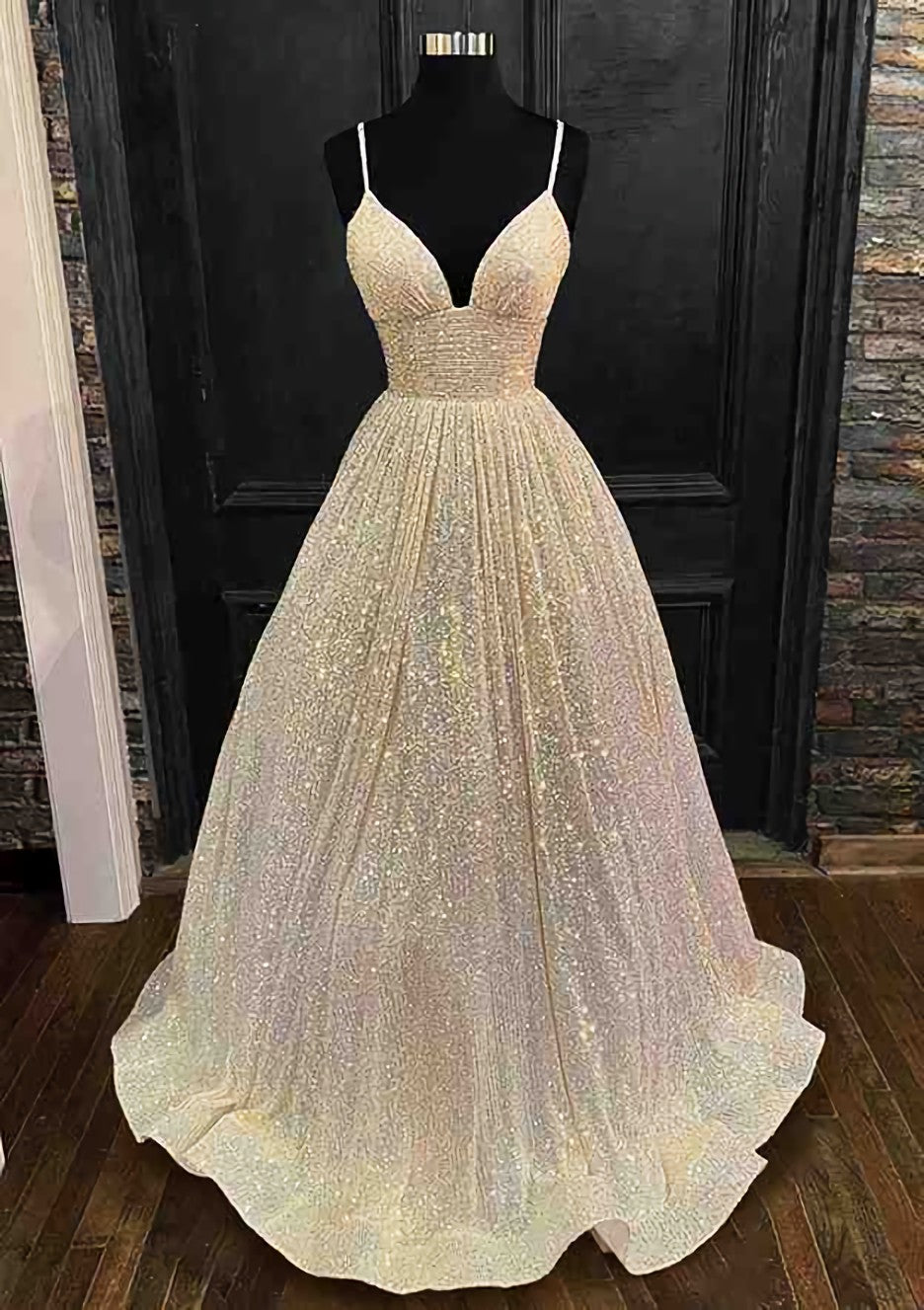 Princess A-line V Neck Spaghetti Straps Long/Floor-Length Sequined Corset Prom Dress With Pleated Gowns, Bridesmaides Dresses Summer