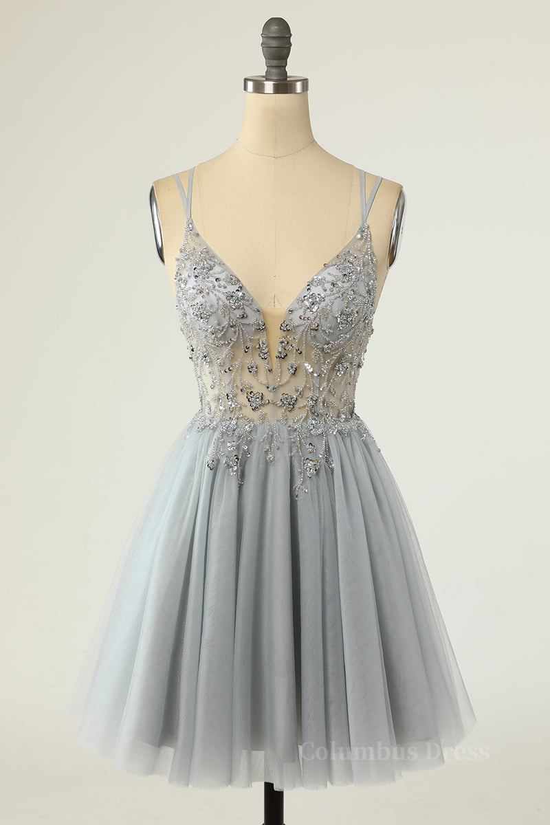 Princess Grey Beaded A-line Short Corset Homecoming Dress outfit, Bridesmaides Dresses Summer