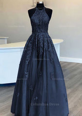 Princess Halter Long/Floor-Length Lace Tulle Corset Prom Dress With Appliqued Beading outfit, Evening Dresses Prom Long