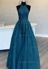 Princess Halter Long/Floor-Length Lace Tulle Corset Prom Dress With Appliqued Beading outfit, Evening Dress V Neck