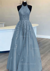 Princess Halter Long/Floor-Length Lace Tulle Corset Prom Dress With Appliqued Beading outfit, Evening Dresses V Neck