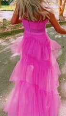 Princess Hot Pink Long Corset Prom Dress Layered Tulle Sleeveless Corset Gown,Evening Dresses outfit, Winter Formal Dress Short