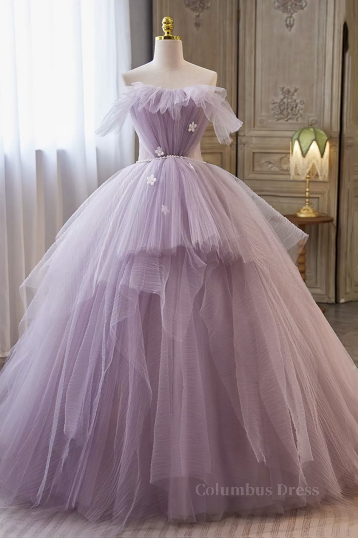 Princess Lavender Tulle Floral Long Corset Prom Dress, Lavender Corset Formal Evening Dress, Purple Corset Ball Gown outfits, Wedding Bouquet