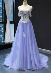 Princess Off-the-Shoulder Sweep Train Tulle Satin Corset Prom Dress With Appliqued Gowns, Prom Dresses 2023 Ball Gown