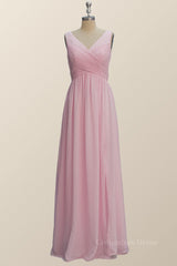 Princess Pink Pleated V Neck Long Corset Bridesmaid Dress outfit, Prom Dresses 05