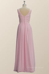 Princess Pink Pleated V Neck Long Corset Bridesmaid Dress outfit, Prom Dress 05