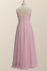 Princess Pink Pleated V Neck Long Corset Bridesmaid Dress outfit, Prom Dress Under 55