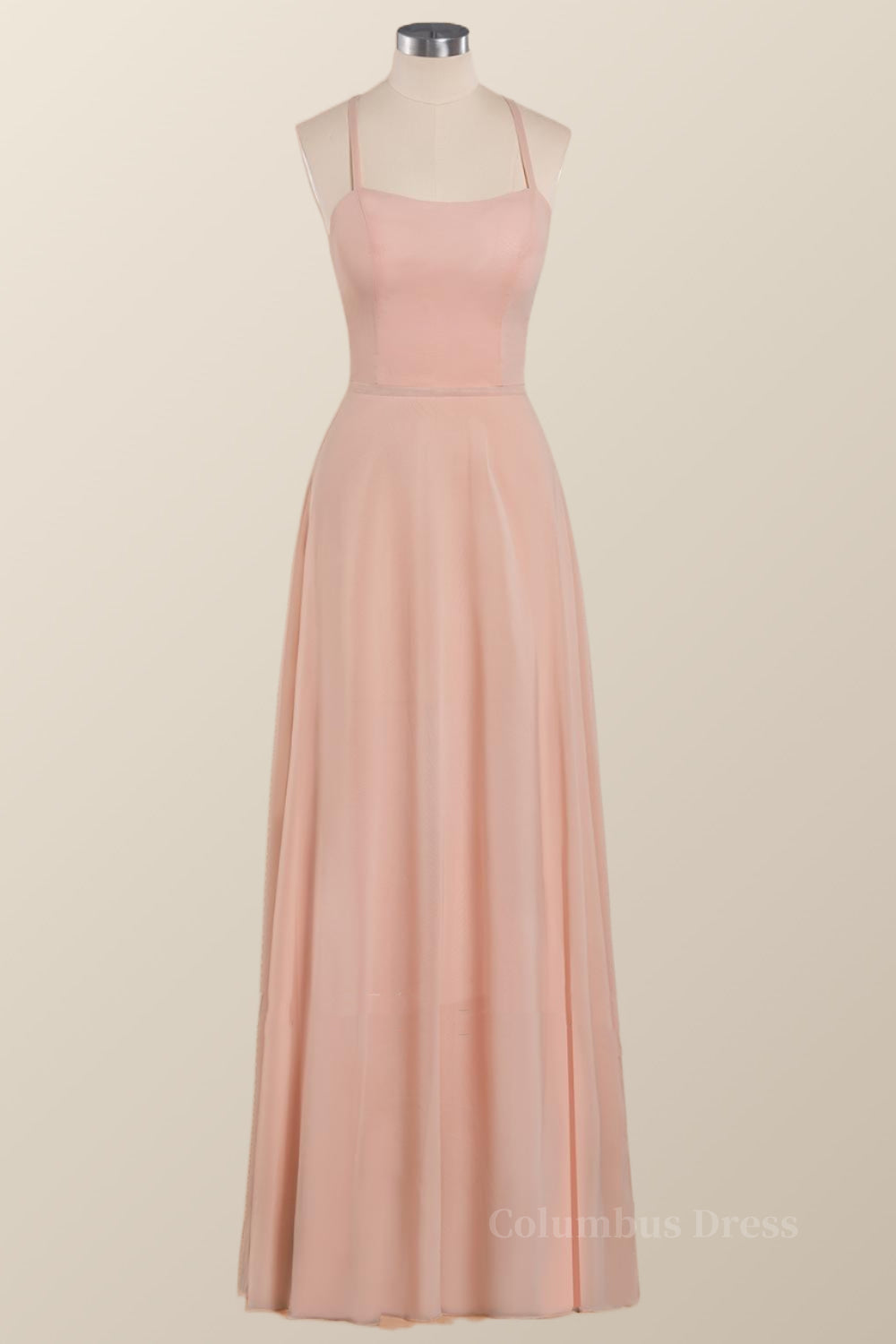 Princess Pink Straps Chiffon A-line Long Corset Bridesmaid Dress outfit, Formal Dresses For Middle School
